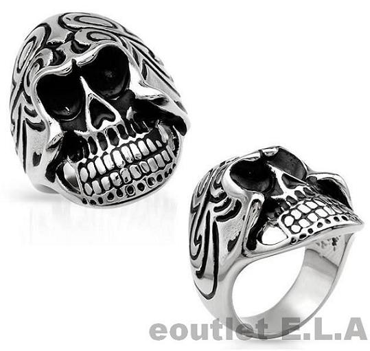 BLACK ENAMEL SKULL SOLID STAINLESS STEEL MENS RING-sz12